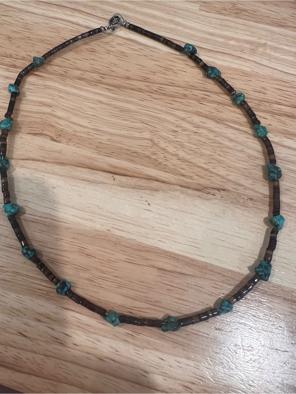 Turquoise Chip and Dark Brown Bead Necklace - Native made - sterling hardware